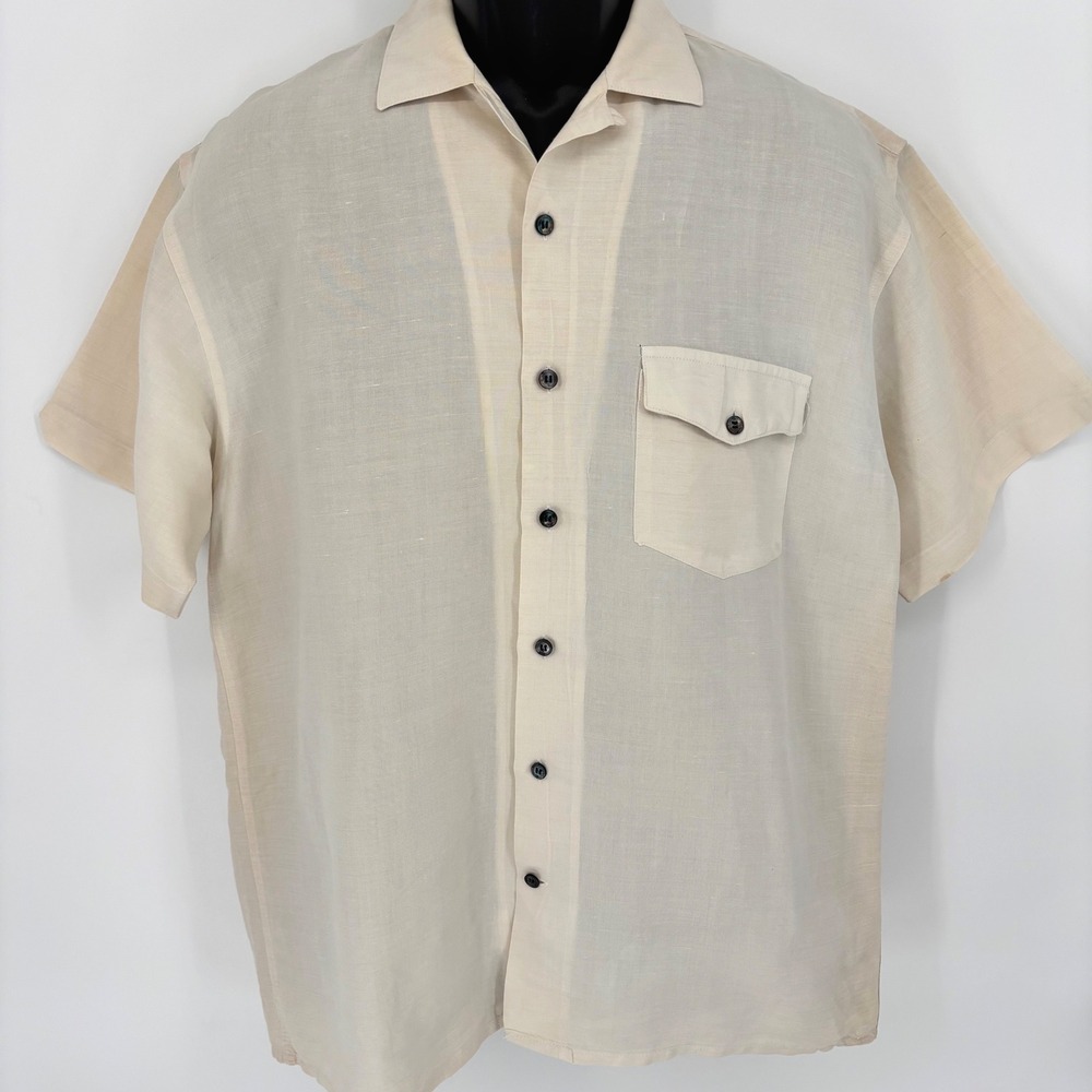 Vintage Bench Mens Cream Linen Rayon Short Sleeve Camp Collar Shirt Medium